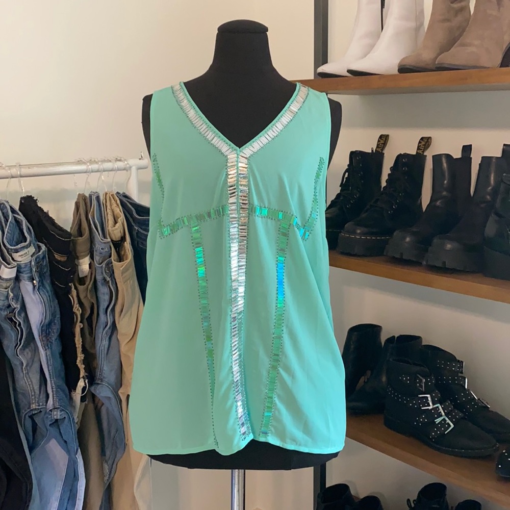 NWT Aqua Chiffon Beaded Tank Top | Size Large